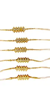 CROZYTONE Elegant Traditional Stone-Studded Rakhi Set - Pack of 6 Designer Rakhis with Golden Beads