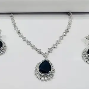 Cubic Zirconia Necklace Set with Pink Teardrop Pendant, 45 cm Chain (Dark Blue)