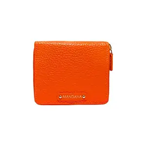 MANDAVA Women's Small Bifold PU Leather Wallet | Ladies Slim Compact Card Holder Organizer Zipper Coin Purse (Orange)