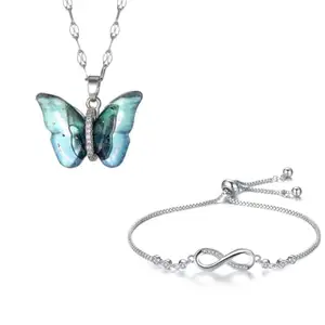 Nilu's Collection Combo of Butterfly Pendant Necklace and Infinity Bracelet for Women & Girls | Neck Chain | Locket | Modern Design | Fancy & Stylish Accessories for Everyday Wear (Silver)