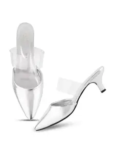 JM LOOKS Women's Silver Kitten Heel Sandals With Mules Sandal Pointed Toe Comfortable Sole In Transparent