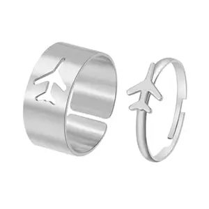 Airplane Design Matching Couple Rings Set, Silver Adjustable Band, 2 Pieces