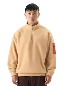 The Souled Store Zip-Up: Beige Men Oversized Sweatshirts Sweatshirts Hoodies Pullovers Crewneck Hooded Zip-Up Graphic Printed Solid Color Block Sportswear Casual Warm Cozy Comfortable Winter Fall