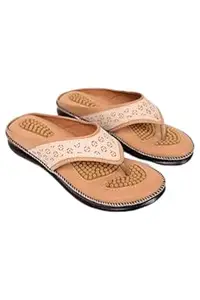 DayV Women's Acupressure Massage Sandals, Beige, Thong Style, Textured Footbed with Beads, Perforated Design