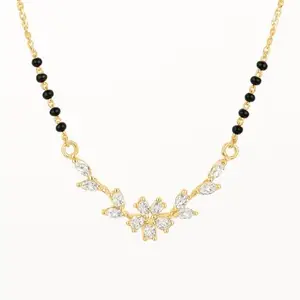 Gold Plated Mangalsutra with CZ Stone Floral Pendant – Elegant Black Bead Chain Necklace for Women