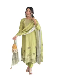 Women's Kurta & Dupatta Set Embroidered Work V Neck 3/4th Sleeves Straight Salwar Suit Dupatta Set || Comfortable Outfit For Wedding (IN, Alpha, L, Regular, Women, Green)