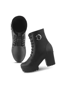 Froh Feet Women's Lace-Up Platform Block Heel Boots with Side Buckle | Stylish, Comfortable & Durable Fashion Boots for All-Day