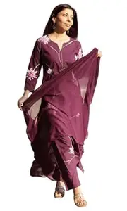 ANNI Designer Women Rayon Viscose Straight Fit Floral Printed Kurta Pant Dupatta Set | V Neck Three Quarter Sleeve Outfit | Soft Lightweight Fabric | Elegant Comfortable Office Casual Wear
