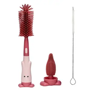 Adore RABIT 3in1 Baby Bottle Brush Silicone Bottle Brush Straw Brush Pacifier Brush Set Water Cup Cleaning Brush (Silicone - Pink)