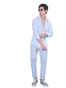 Crimsoune Club Men's Blue Vertical Striped Linen Shirt (XXXL)