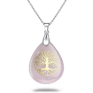 Ylwjewelry Tree of Life Crystal Stone Necklace,Teardrop Heart Healing Stones Pendant Chakra Crystals Birthstone Jewelry Spiritual Gifts for Men Women (Pink Crystal)