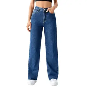 Women's Wide Leg Mid-Rise Jeans, Dark Blue, Comfort Fit, 4 Pocket, Stretchable, Regular Length (in, Numeric, 32, Regular, Dark Blue)