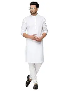 AK&JK Mens Cotton Linen Kurta - Timeless Elegance for Eid & Holi Festivals Solid Plain Weave Full Sleeves Mandarin Collar Kurta Pajama, Premium Comfort, and Versatile Style for Events (Size - 34)