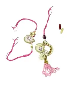 Elegant Pink and Gold Lumba Rakhi Set with Pearl Tassels, Traditional Indian Festival Jewelry