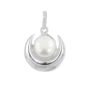 Khushbu Gems White Sterling-Silver Half Moon Shape Pendant with Natural Pearl Chand Moti Locket for unisex