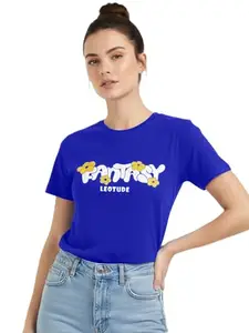 LEOTUDE Women's Regular Fit Cotton Tee Cottonblend Half Sleeve Minimalist Print, Dailyware Top for Womans (G69_Blue_Fantacy_P_Blue_L)