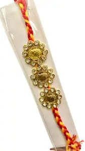 Traditional Designer Rakhi with Golden Embellished Coins and Stone Work | Bhai Raksha Bandhan Special Rakhi with Red Yellow Moli Thread