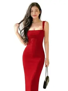 Aahwan Solid Bodycon Square Neck Long Party Dress for Women's & Girl's