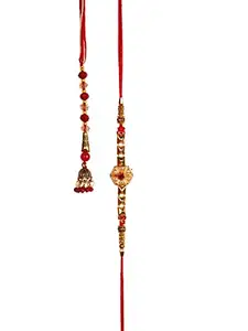AMIGO GIFTZ Beautiful Crystal Rakhi & Beads Chuda Lumbi Rakhi For Bhaiya Bhabhi With Box & Cute Small Roli Chawal Glass Bottle