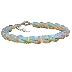 RRJEWELZ White Fire Ethiopian Opal Rondelle Beaded Bracelet – Smooth 3mm Multicolor Stones with Silver Lock – 7 Inch Adjustable link Bracelet for Men & Women|LCBR_RR_06655