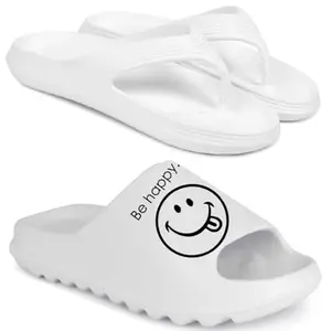 Pampy Angel Combo Pack of 2 Slipper/Flip Flops/Slides/Clogs/Sandals with Adjustable Back Strap for Men,(V-Evafeet-White,Y-Smily-White),6 (UK/India)