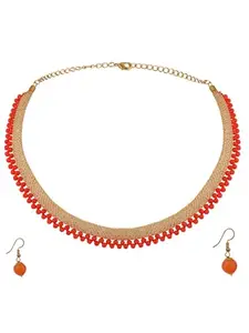 Designer Sparkling Chain with Orange Beads Choker Necklace with Drop Earrings(JW-M-30368)