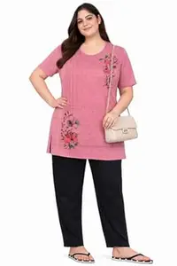 In Love Women's Cotton Plus Size Half Sleeves Semi Long Ethnic Kurta Print Tshirt for Summers with One Side Pocket for Ladies L to 7XL