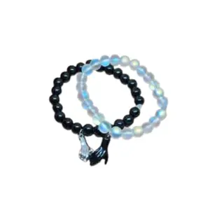 Couples Distance Bracelets Set, Black and Moonstone Beaded,Magnetic Holding Hands Charm, gift for lovers