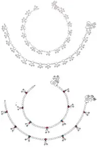 AanyaCentric Pack of 2 Pair Indian Traditional Ethnic White Metal Anklet Silver Leg Bracelet For Women Payal Girls Kolusu