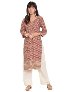 Women's Casual 3/4th Sleeve Embroidered Cotton Kurti (Red, 2XL)-PID48481