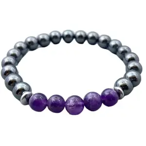 RRJEWELZ Natural Amethyst & Hematite 8mm Round Shape Smooth Cut Beads 7.5 Inch Stretchable Bracelet For Men & Women. Unisex Bracelet For Healing, Meditation, Prosperity, Gift & Luck|STBR_RR_10565_7.5