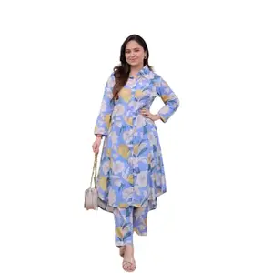 Purple Yellow Women’s Floral Rayon Co-ord Set | Stylish Printed Top & Bottom | Comfortable Ethnic Wear (Yellow Purple - L)