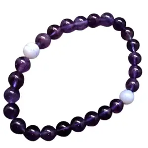 RRJEWELZ Natural Blue Lace Agate & Amethyst 8mm Round Shape Smooth Cut Beads 7 Inch Stretchable Bracelet For Men & Women. Unisex Bracelet For Healing, Meditation, Prosperity, Gift & Luck|STBR_RR_10398_7.0