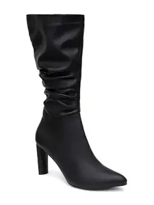 SHERRIF Black Color Block Heels Calf Length Boots for Women, 8 UK