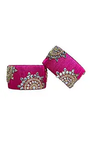 Elegance Beautiful Kundan Dark Pink Broad Silk Thread Bangle (Set of 2)