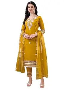 NIVANA Womens Pakistani Style Embroidered Kurta with Pant & Embroidered Dupatta | Chanderi Straight Kurta Set with V-Neck & 3/4 Sleeves | Ethnic Wear for Festive & Casual Occasions