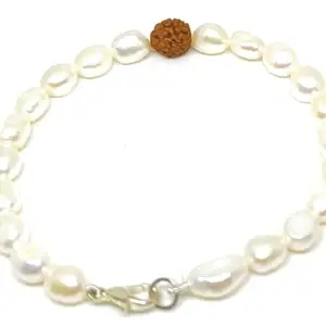 Freshwater Pearl Bracelet with Rudraksha Bead, White Baroque Pearls, Silver Clasp