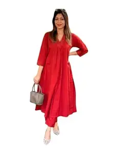 V.K.CRAFT Women's Cotton Plain Coard set A-Line Straight Kurti With Pant