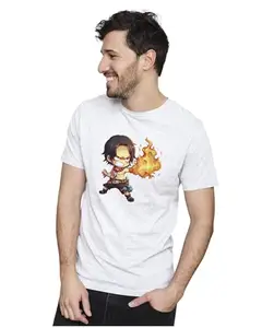 ALLEN BLACK Men's & Women's Regular Fit T-Shirt Chibi Ace 100% Cotton Unise T-Shirt White_FIGHTR06-White L Men Round_