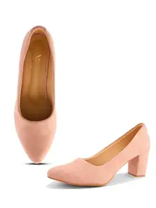 XE Looks Classic Pink Pumps | Chic Suede Finish | Comfortable Block Heel For Girls & Womens