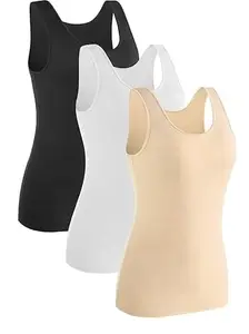 IKKAI Women’s Cotton Camisole Tank Top Sleeveless Stretch Casual Round Neck Adjustable Strap Pack of 3