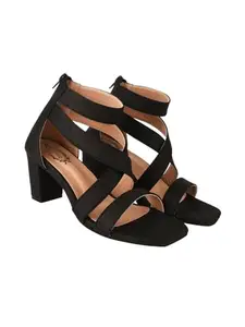 Shoetopia Stylish Multi Cross Strap Black Block Heeled Sandals For Women & Girls /UK6