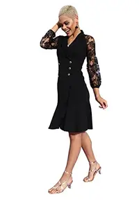 Miss Chase Women's Black Notch Collared Solid Ruffled Knee Length Dress (MCAW21D13-28-62-06, Black, XL)