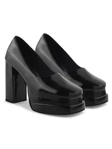 JM LOOKS Women's Pumps Closed Round Toe Chunky High Heels Platform Work Comfortable Dress Wedding Party Pumps Shoes - Black