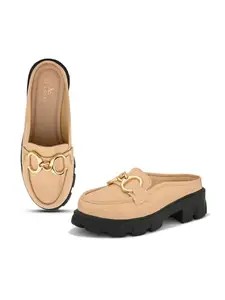 XE Looks Stylish Patent Beige Loafers with Rugged Sole and Gold Chain Design for Girls & Women