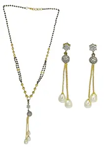 9blings Gold Plated American Diamond Pearl Double Layered Embedded Floral Design Mangalsutra with Earrings For Women (Black, 70gm)