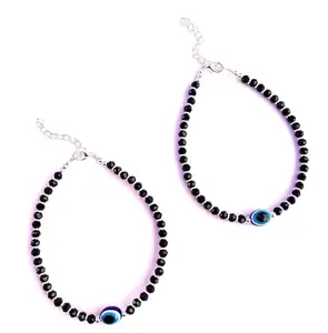 JSV CAHIRA Crystal & Silver Black Beads Evil Eye Anklets