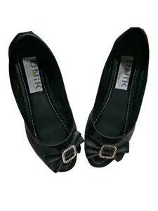 Girls Black Ballet Flats with Rhinestone Buckle Bow, Classic Slip-On Design