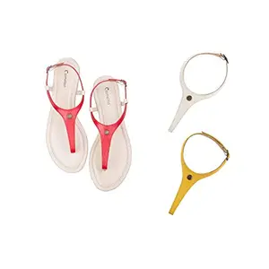 Cameleo -changes with You! Women's Plural T-Strap Slingback Flat Sandals | 3-in-1 Interchangeable Leather Strap Set | Red-White-Yellow