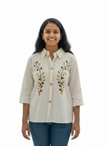 Carrel Handmade Floral Khadi Cotton Tunic Shirt – Women's Hand Work Embroidered Top for Summer Office, Off-White Indo-Western 3/4 Sleeve Button-Down Shirt Collar for Party & Beach